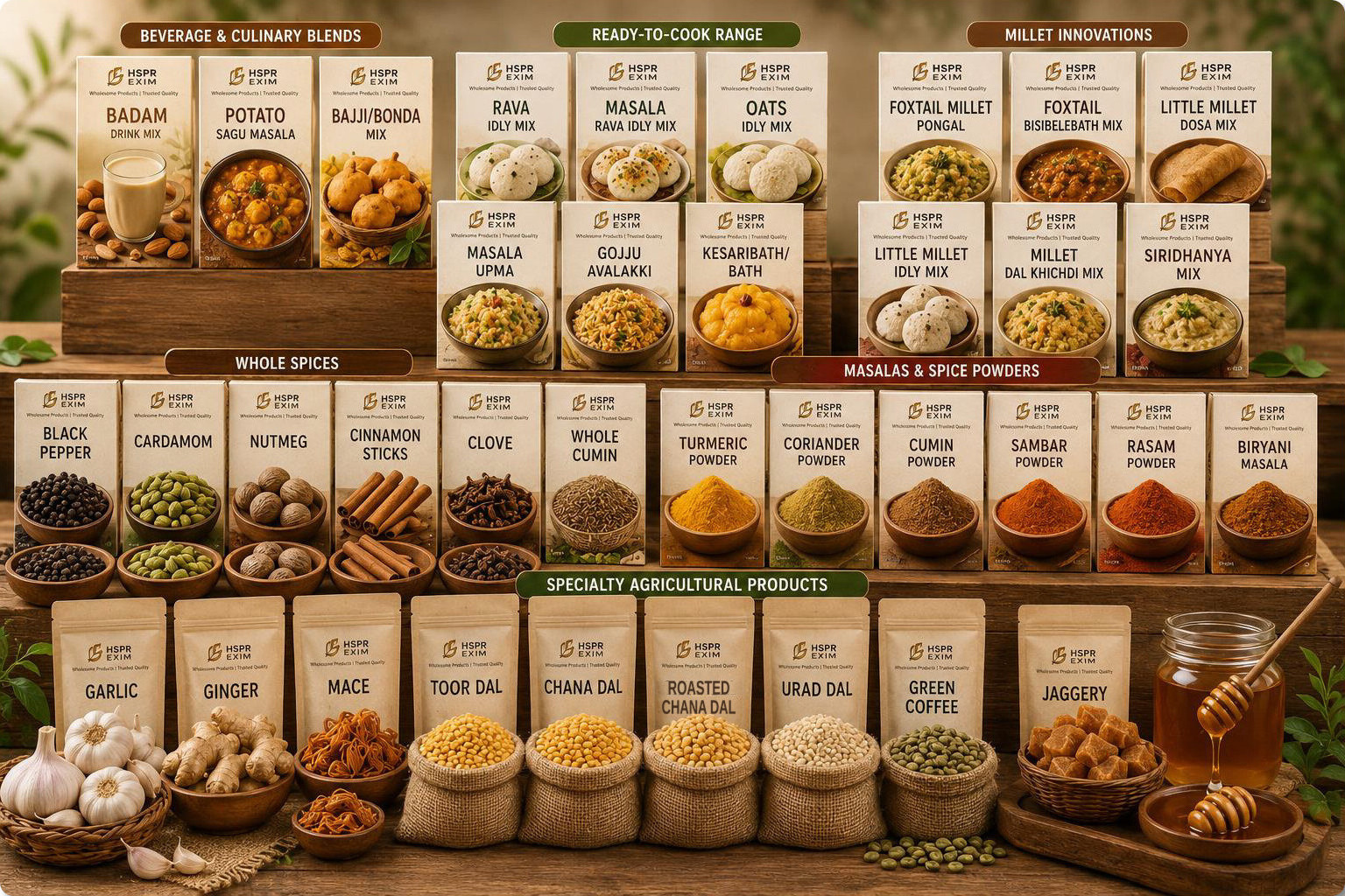 HSPR Exim's export range laid out by category - beverage and culinary blends, ready-to-cook mixes, millet foods, whole spices, masalas and spice powders, and specialty agricultural products